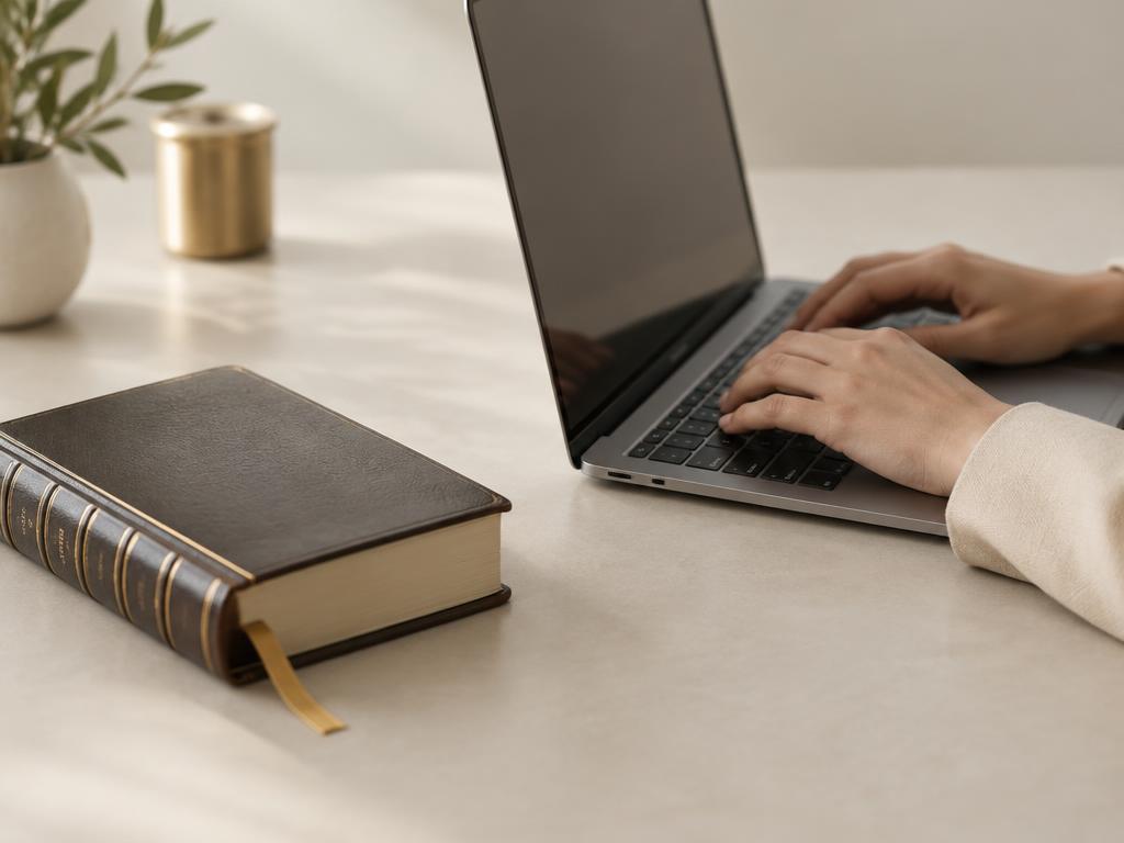 Mãos sobre teclado de notebook ao lado de código de leis encadernado