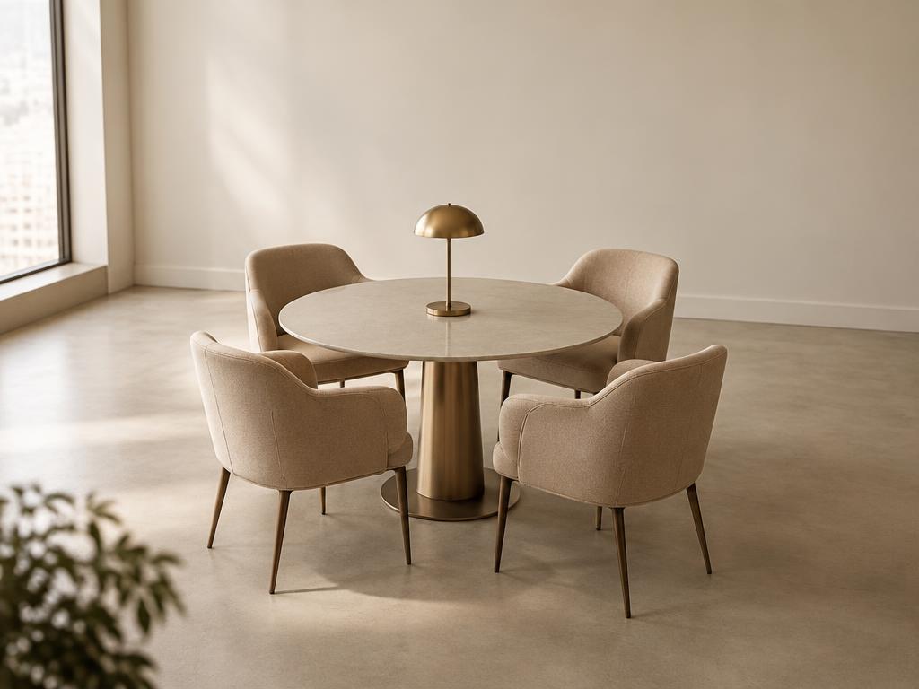 Quatro cadeiras ao redor de mesa redonda de reunião em sala de conselho com luz natural