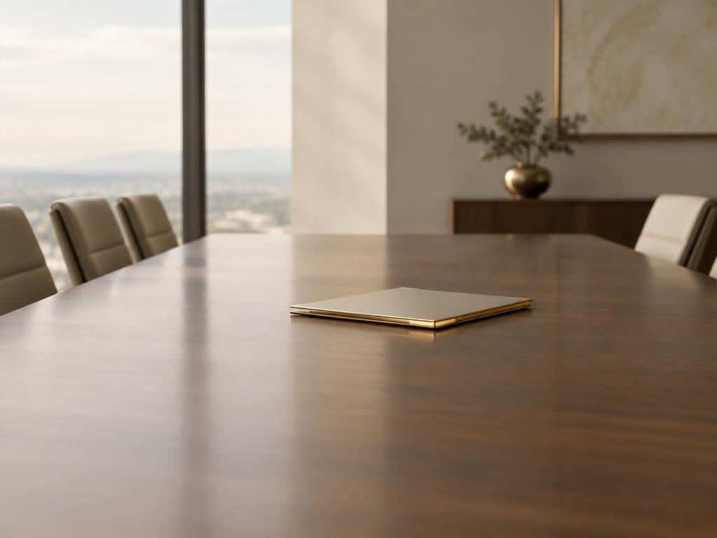 Pasta com borda dourada no centro de mesa de sala de conselho vazia