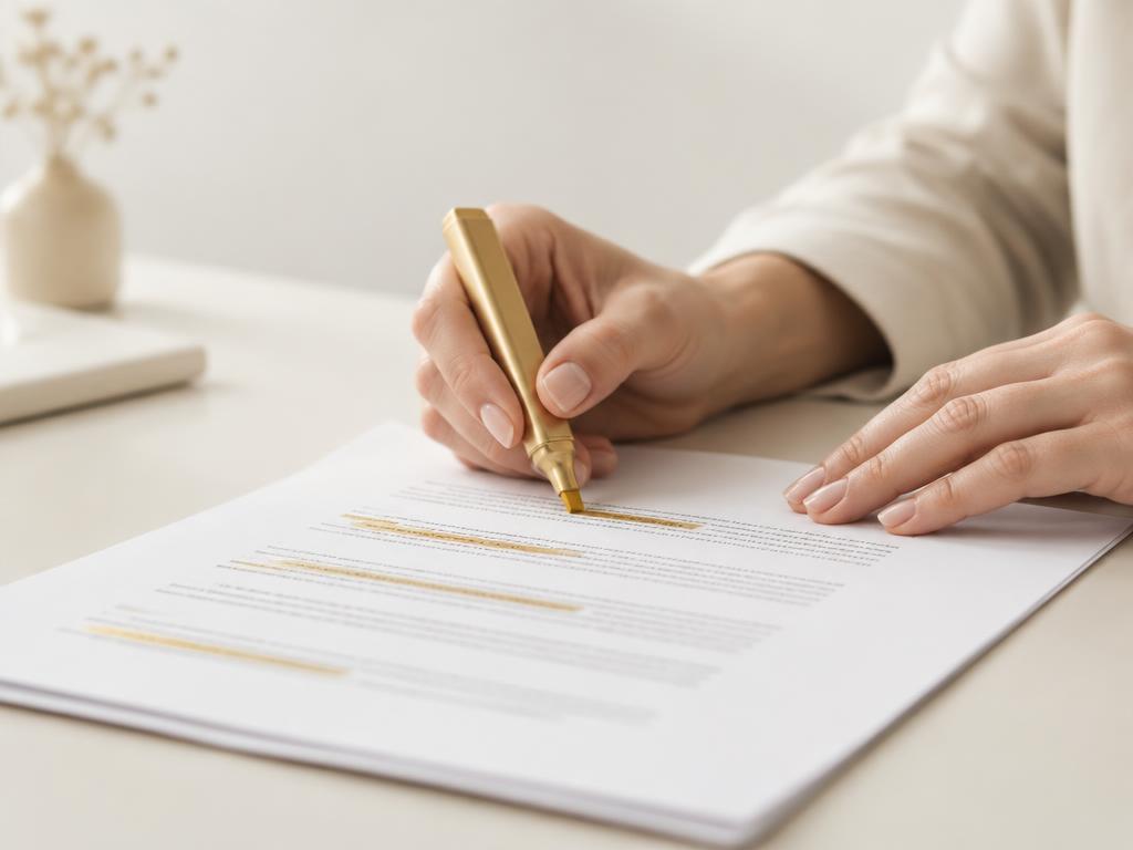 Mãos marcando cláusulas de contrato com marca-texto dourado